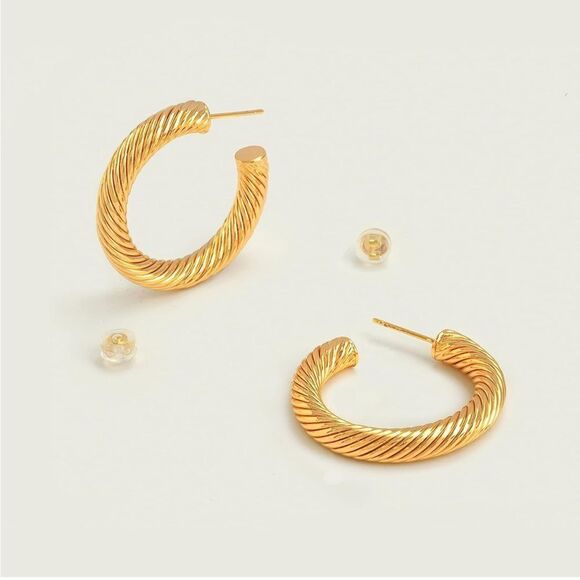 Gold 18k Gold Plated Textured Hoop Earrings - Picture 1 of 3
